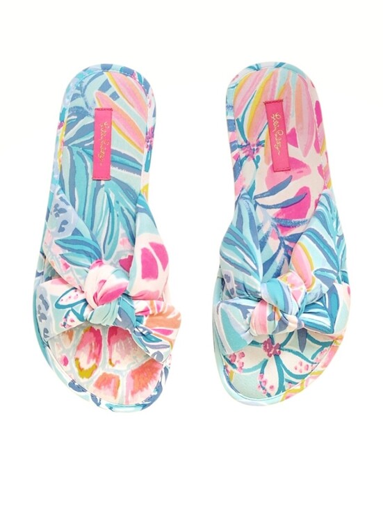 Lilly Pulitzer Shoes - Lilly Pulitzer Harte Bow Tropical Print Slippers Bow Slide House Shoes 9